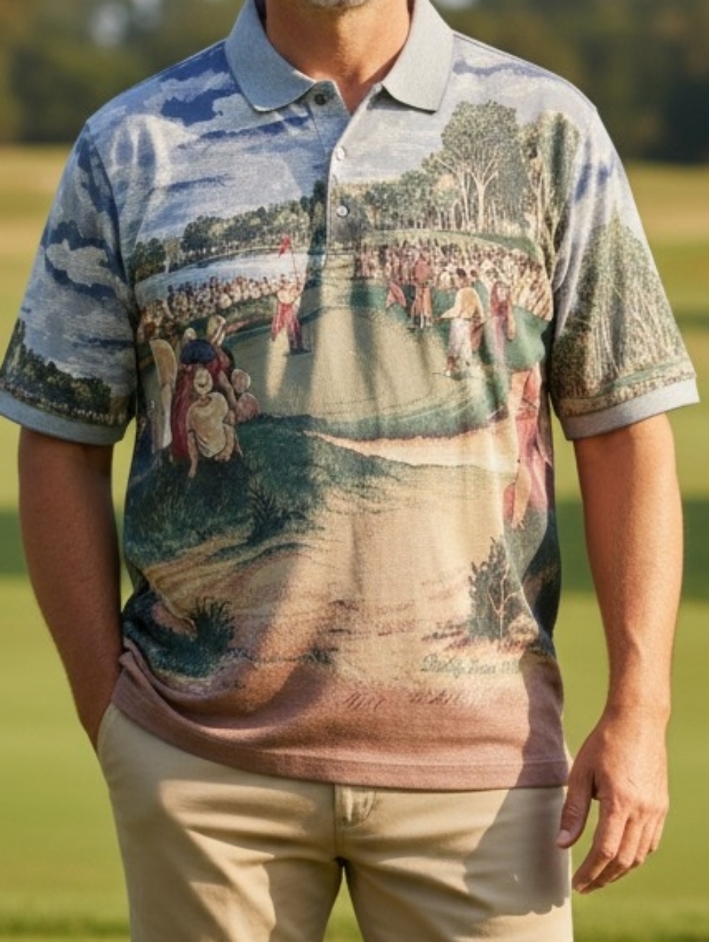 Bobby Jones Golf Scene Polo Shirt XL All Over Print Vintage Style 100% Cotton